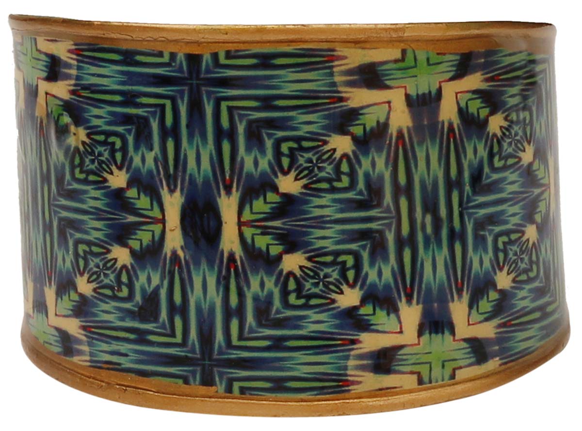 Brass Cuff Bracelet with Illusionary Blue Green Pattern - 2.6” Gold Tone - Trendy Accessories / Gifts for Her - Buy in Bulk Wholesale